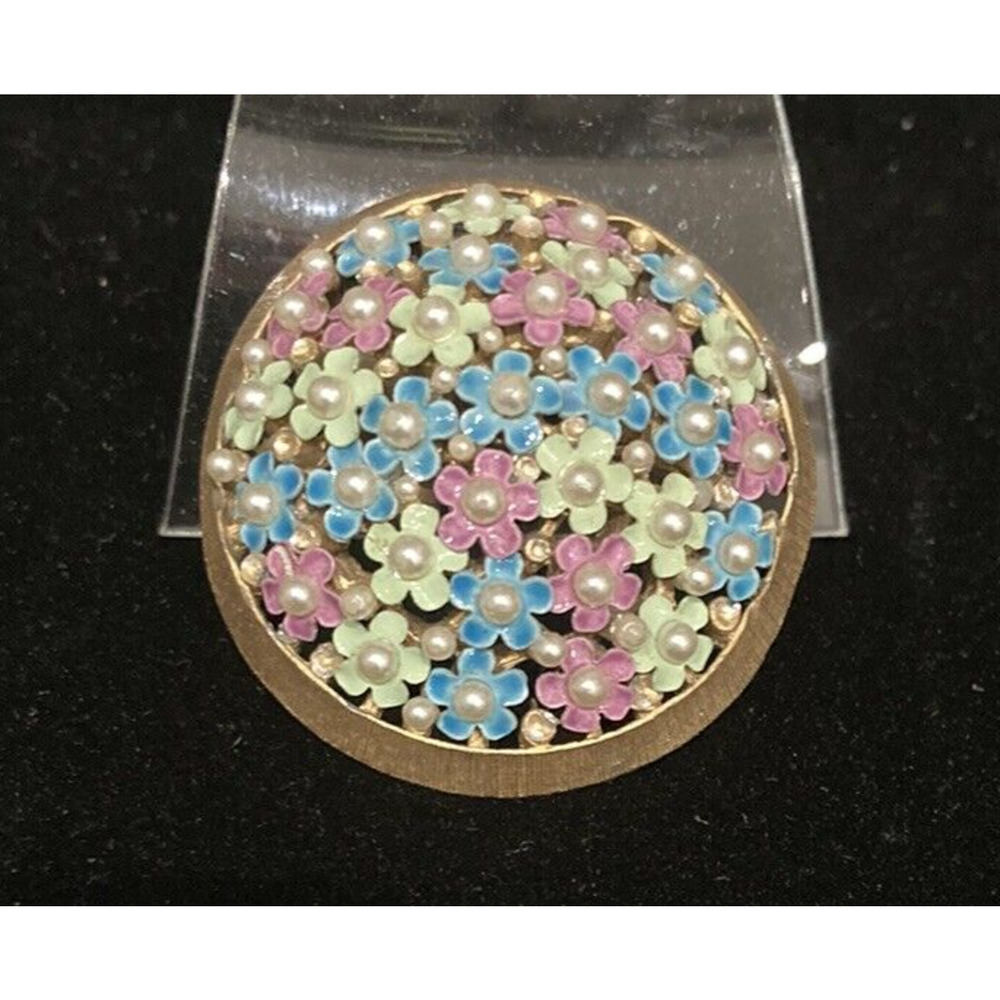 Vintage Pastel Multicolor Enamel Flowers‎ Faux Pearl Goldtone Brooch 1.5"